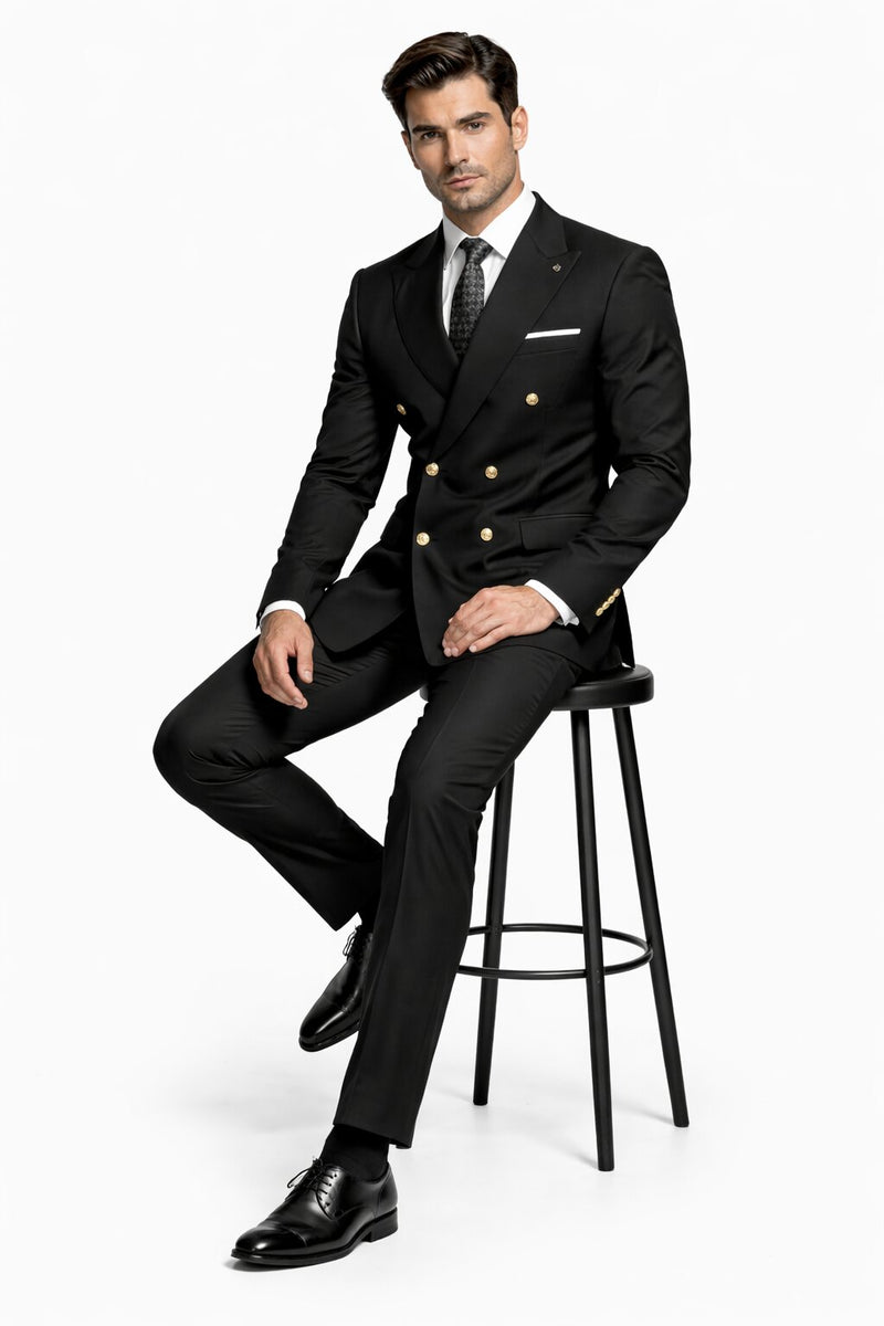 Men's Designer Modern Fit Double Breasted Wool Suit with Gold Buttons in Black