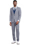 Men's Stacy Adams light blue vested suit with micro check pattern. Features a one-button jacket with peak lapels, matching trousers, and a blue vest. Lightweight, textured fabric.