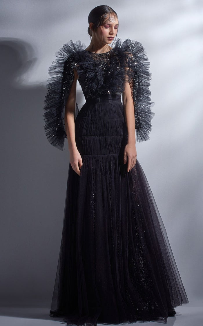 Gaby Charbachy G1275 High Neck Black Glitter A-Line Gown by MNM Couture