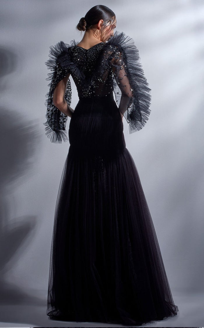 Gaby Charbachy G1275 High Neck Black Glitter A-Line Gown by MNM Couture