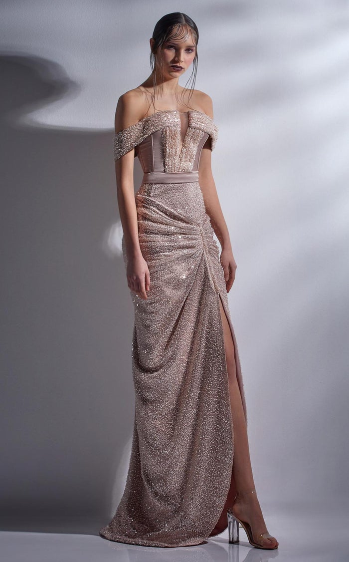 Gaby Charbachy G1290 Short Sleeve Glitter Column Gown by MNM Couture