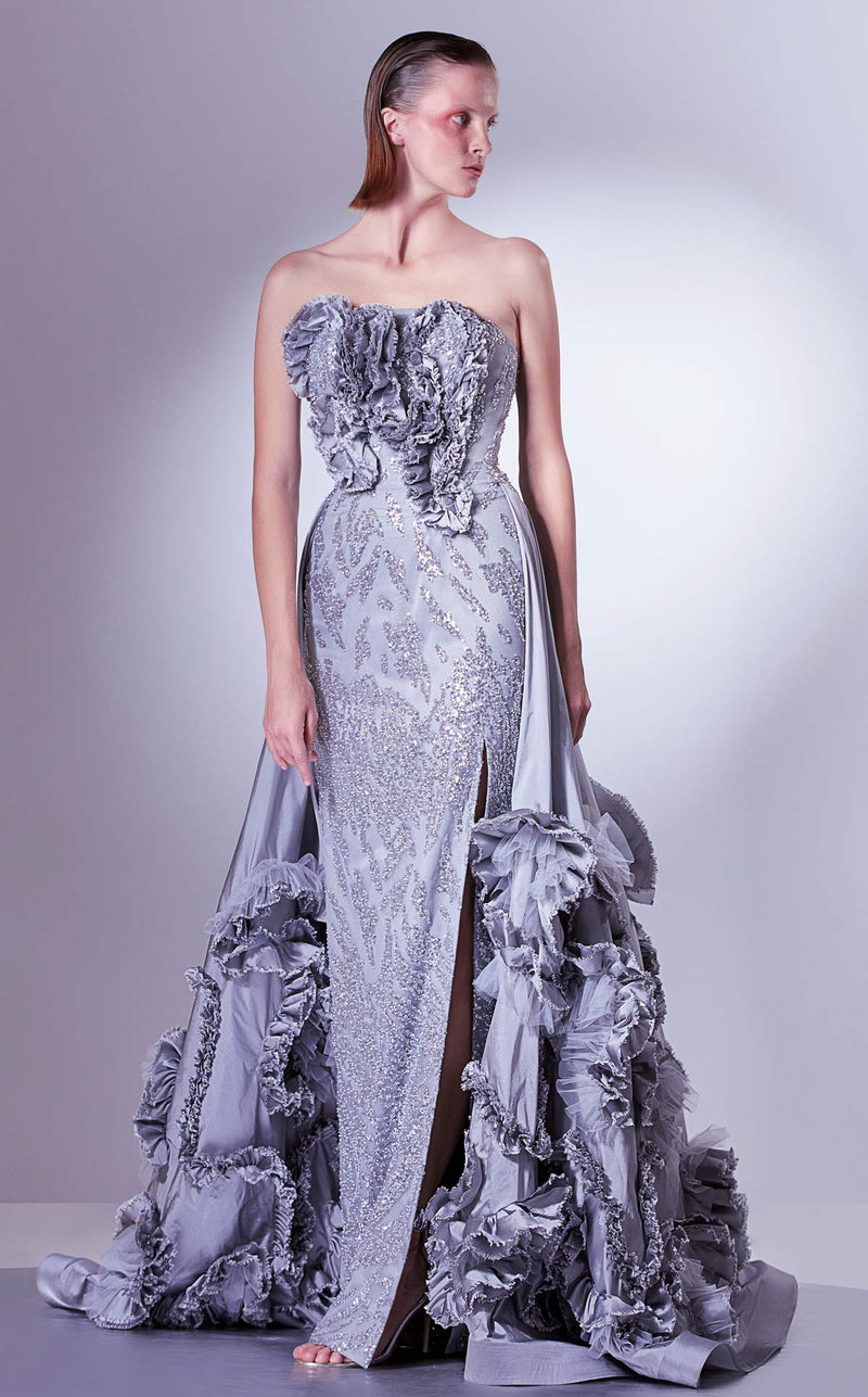 Gaby Charbachy G1330 Silver Strapless Sequined Gown with Overskirt by MNM Couture
