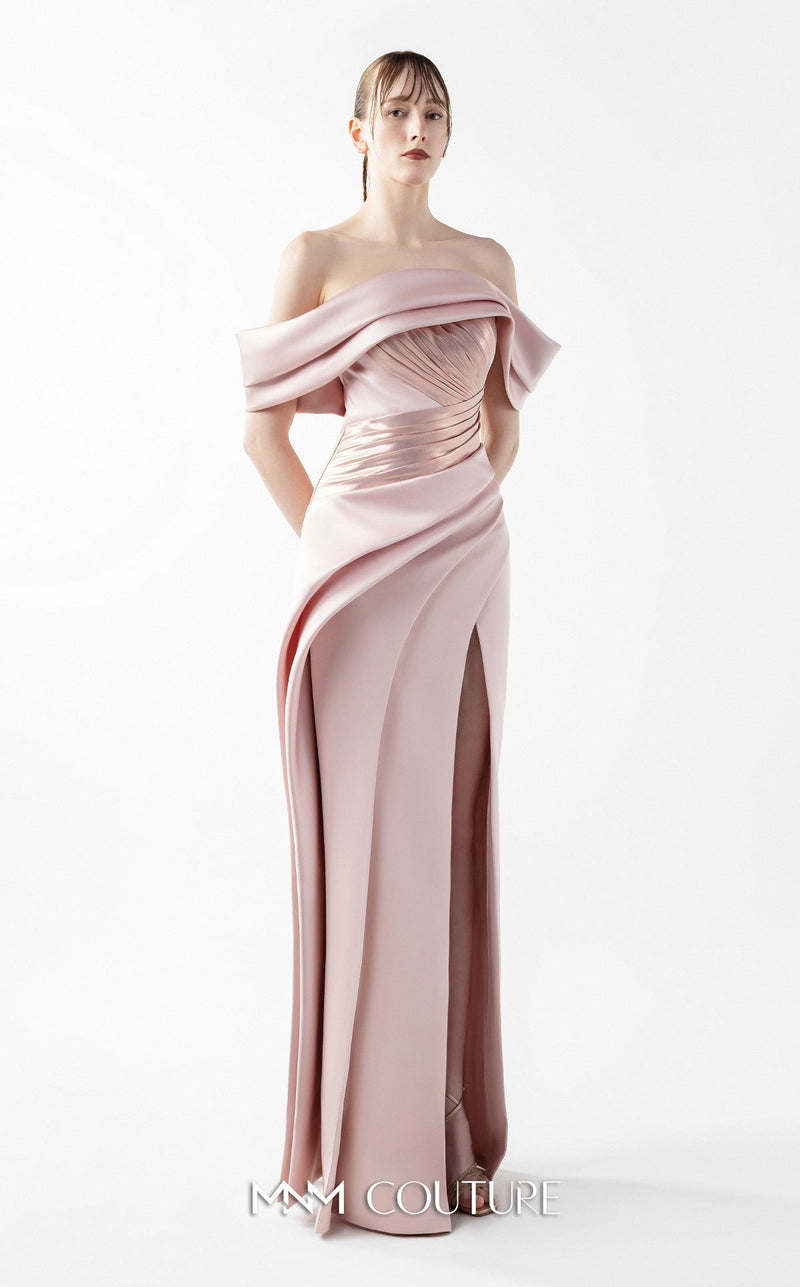 Gaby Charbachy G2020 Off-Shoulder Metallic Pleated Couture Gown in Powder