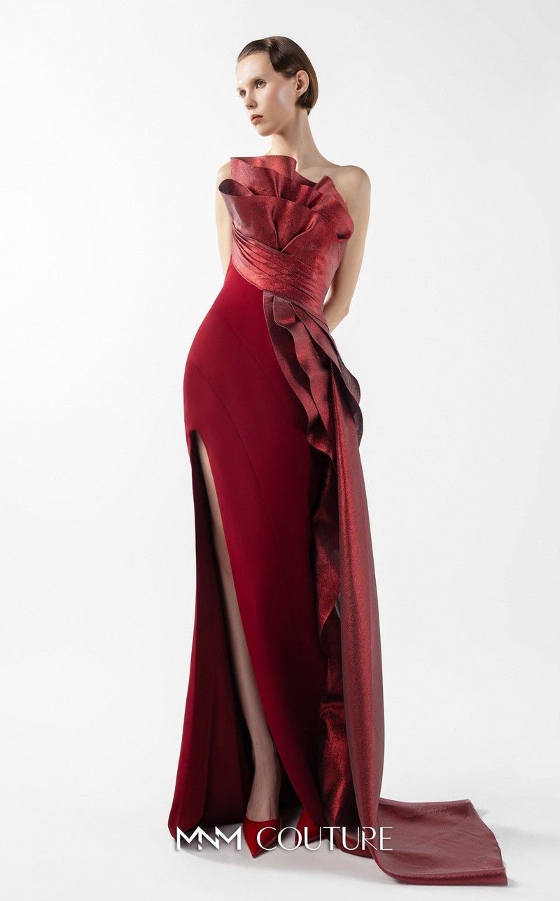Gaby Charbachy G2037 Burgundy Off-Shoulder Slit Gown by MNM Couture
