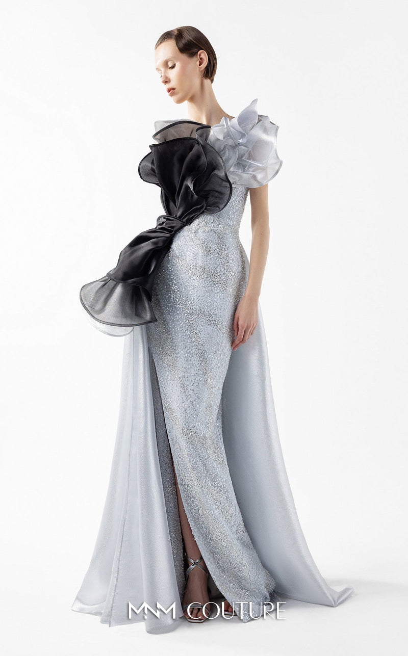 Gaby Charbachy G2042 Silver Off-Shoulder Open Back High Slit Couture Gown by MNM Couture