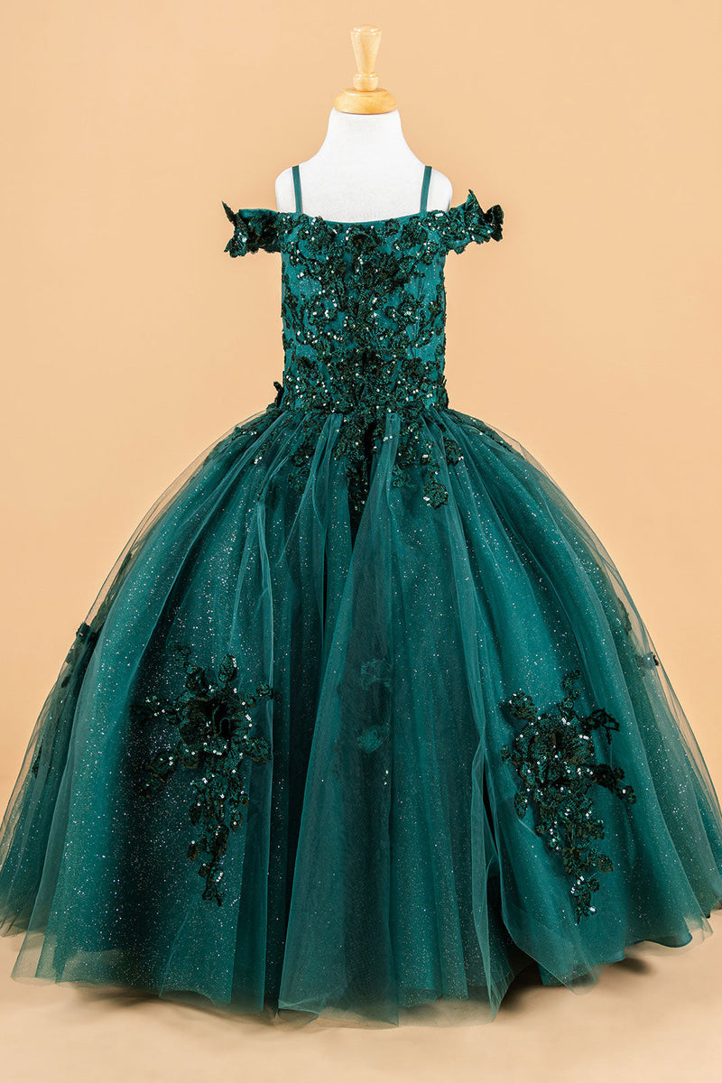 Cold Shoulder Lace Appliqué Sequin Glitter Tulle Flower Dress with Corset Back by Elizabeth K GK121