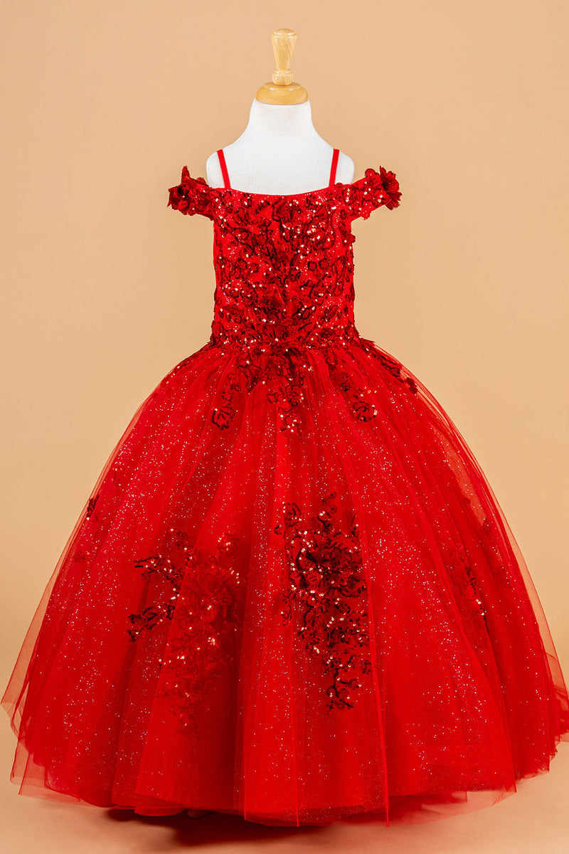 Cold Shoulder Lace Appliqué Sequin Glitter Tulle Flower Dress with Corset Back by Elizabeth K GK121