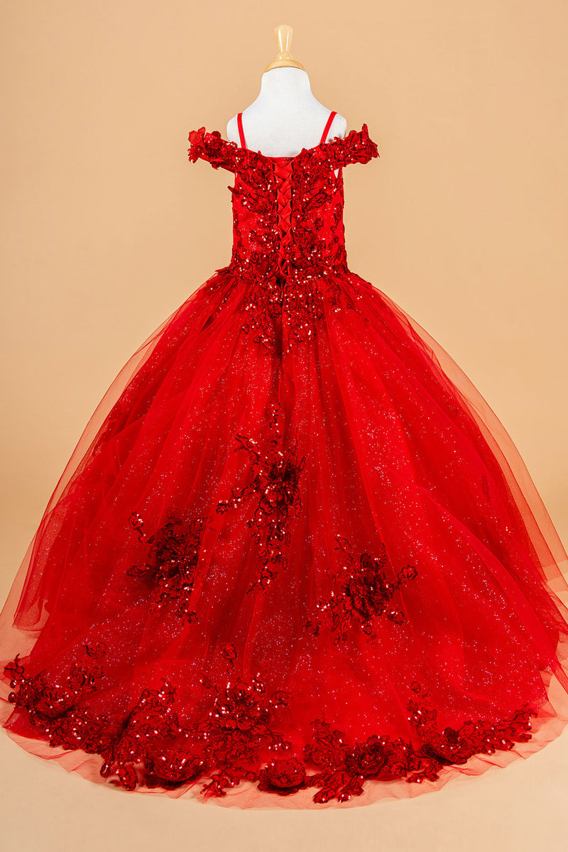 Cold Shoulder Lace Appliqué Sequin Glitter Tulle Flower Dress with Corset Back by Elizabeth K GK121