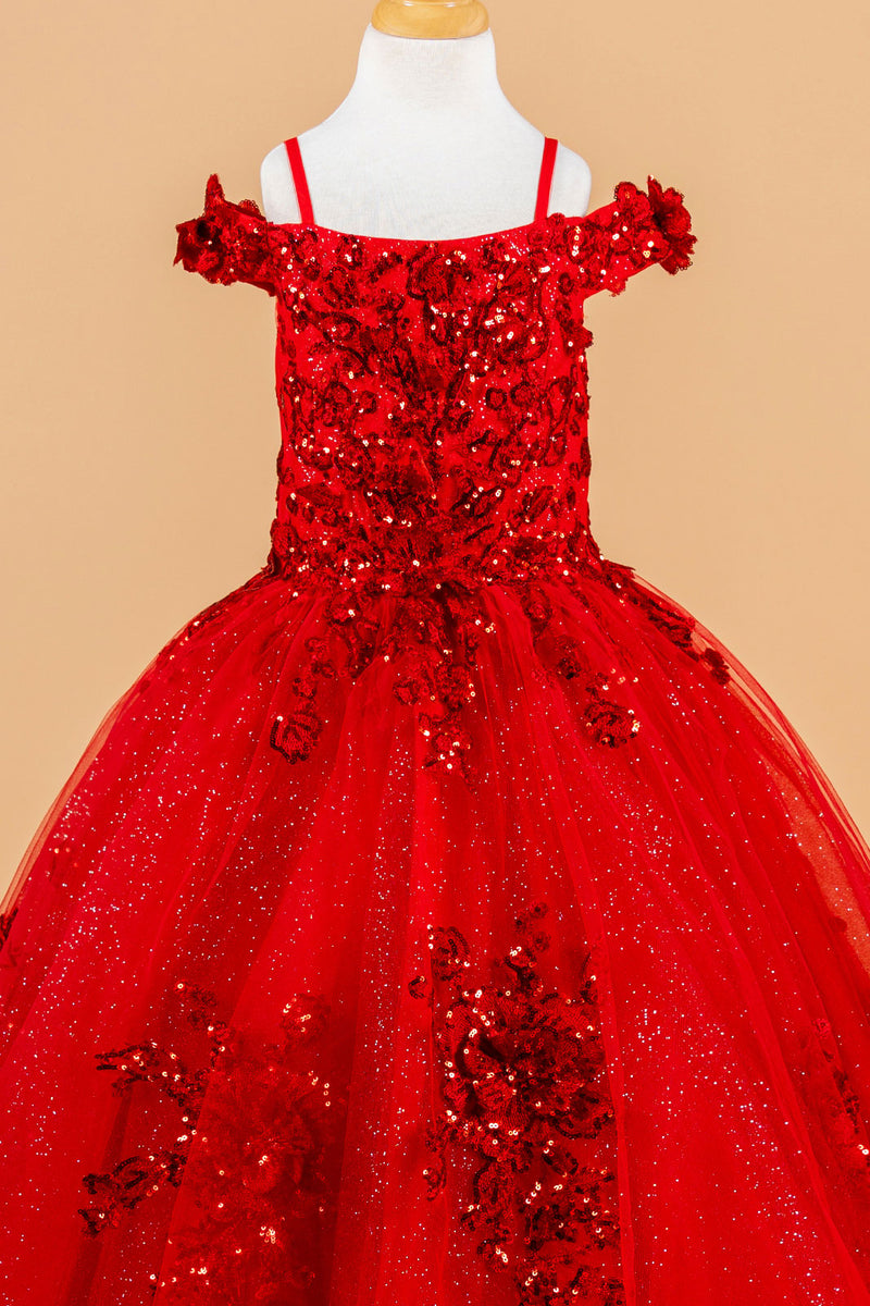 Cold Shoulder Lace Appliqué Sequin Glitter Tulle Flower Dress with Corset Back by Elizabeth K GK121