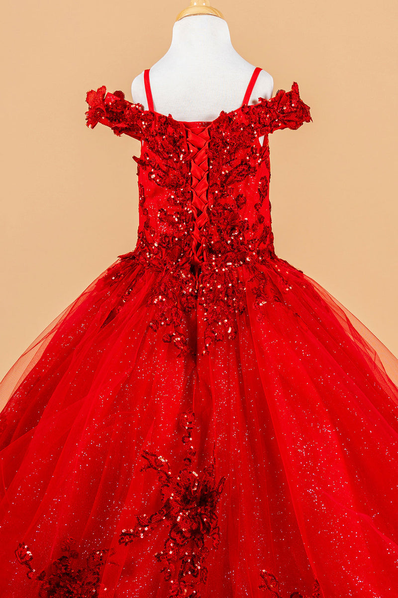 Cold Shoulder Lace Appliqué Sequin Glitter Tulle Flower Dress with Corset Back by Elizabeth K GK121