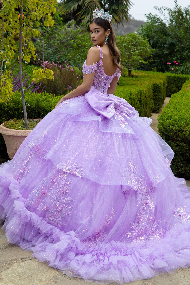 Cold Shoulders Floral Lace QuinceaƱera Ball Gown Glitter Tulle Princess Dress by Elizabeth K GL3520