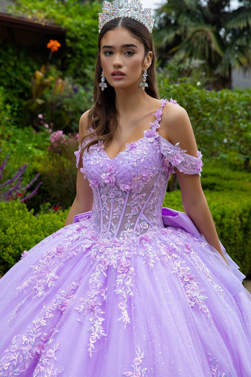 Cold Shoulders Floral Lace QuinceaƱera Ball Gown Glitter Tulle Princess Dress by Elizabeth K GL3520