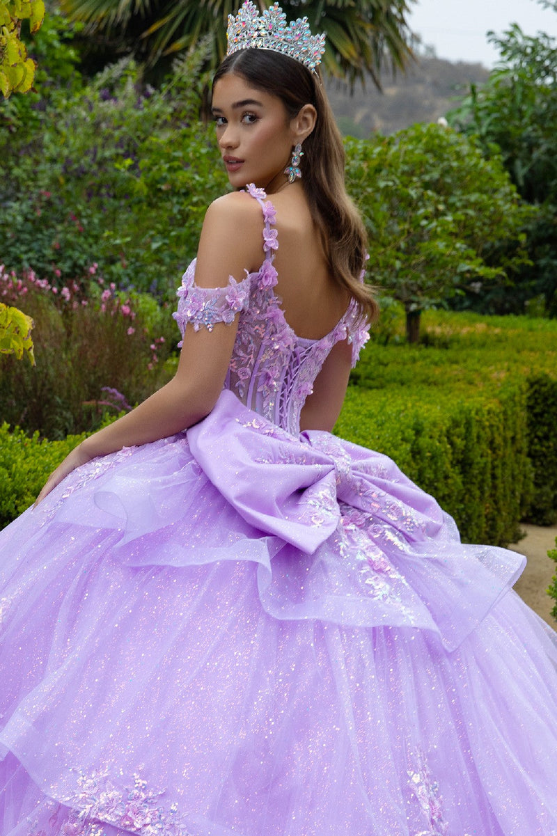 Cold Shoulders Floral Lace QuinceaƱera Ball Gown Glitter Tulle Princess Dress by Elizabeth K GL3520