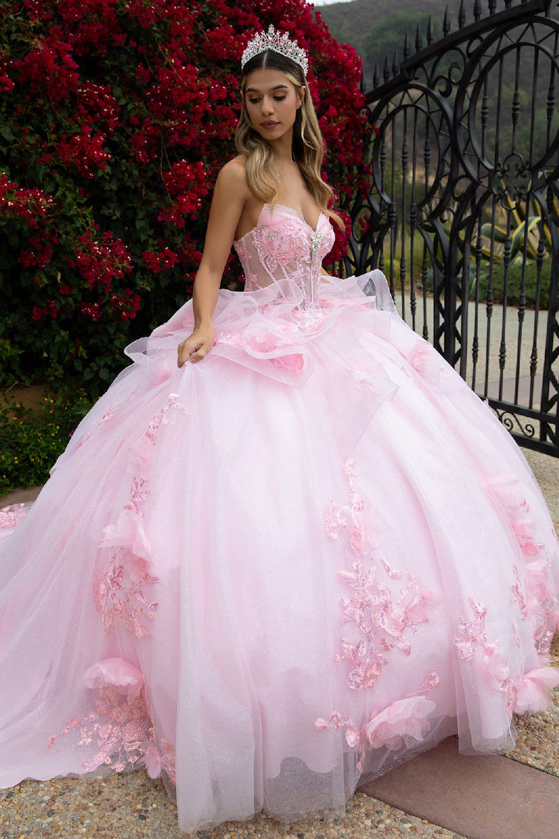 Strapless QuinceaƱera Ball Gown with Corset Back Butterfly AppliquƩ by Elizabeth K GL3549