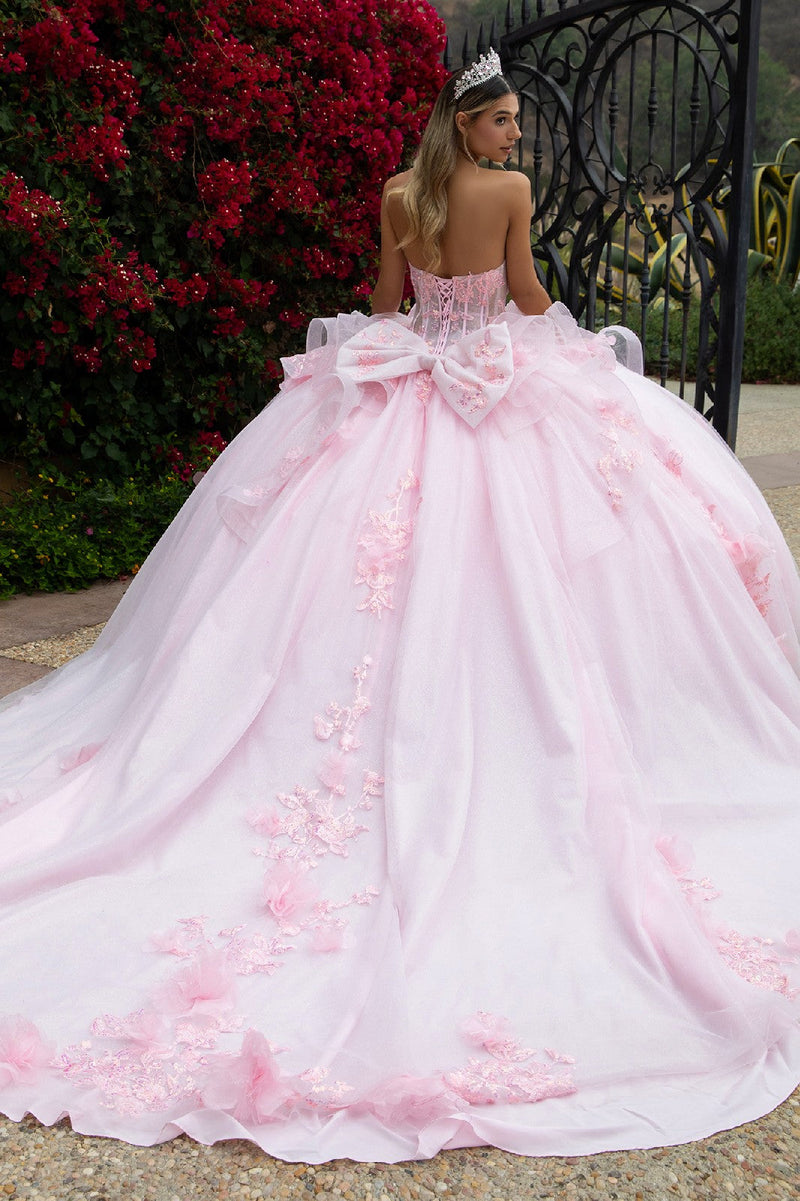Strapless QuinceaƱera Ball Gown with Corset Back Butterfly AppliquƩ by Elizabeth K GL3549