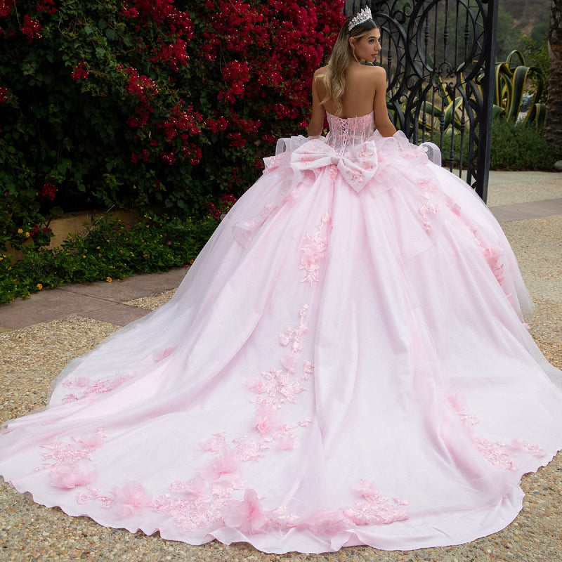 Strapless QuinceaƱera Ball Gown with Corset Back Butterfly AppliquƩ by Elizabeth K GL3549