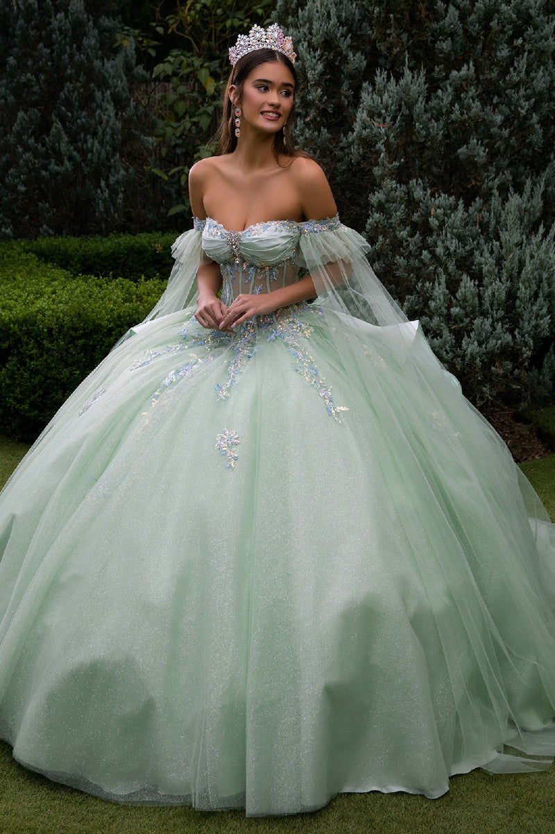 Off Shoulder Ball Gown QuinceaƱera Dress with Corset Bodice Glitter Tulle by Elizabeth K GL3550