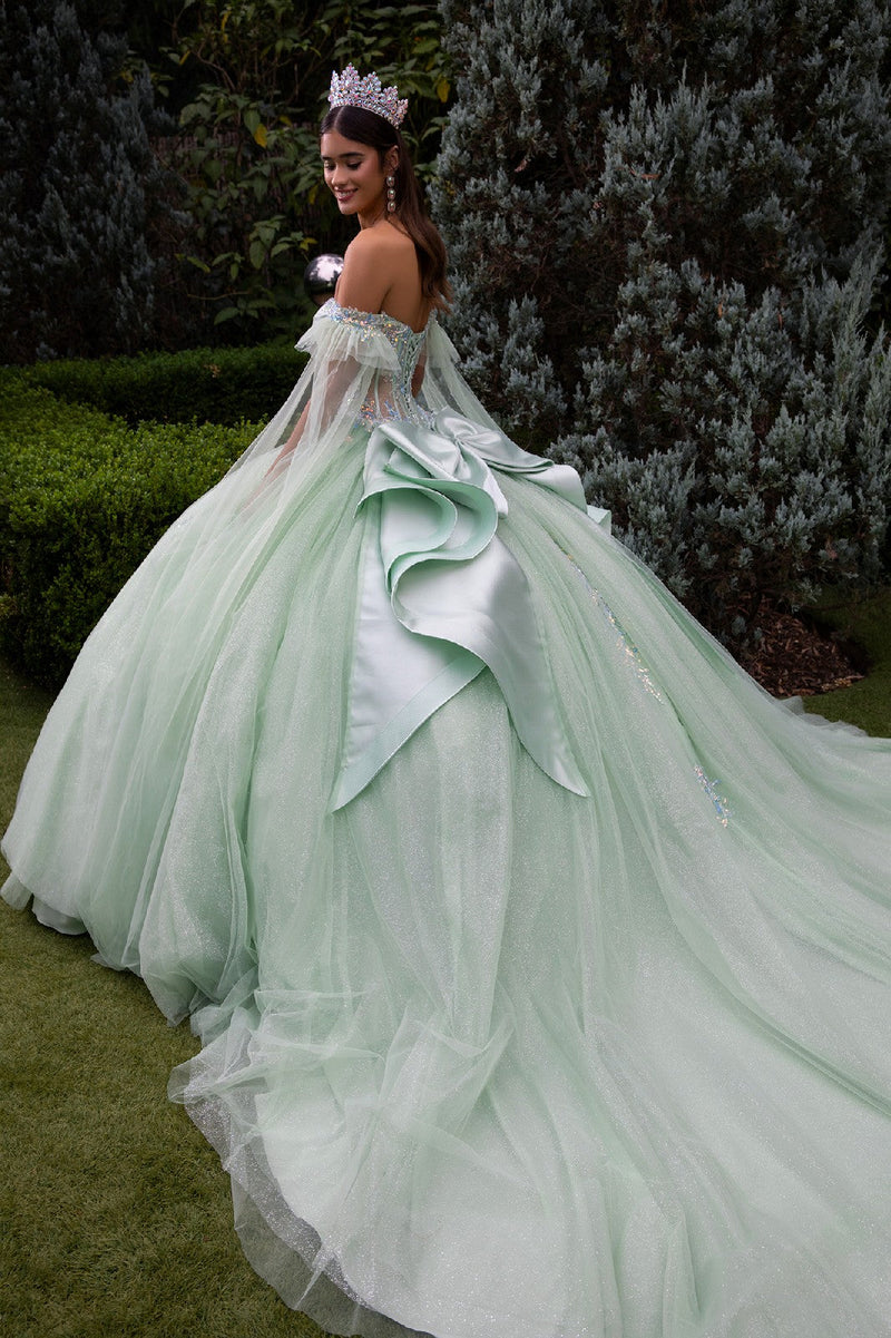 Off Shoulder Ball Gown QuinceaƱera Dress with Corset Bodice Glitter Tulle by Elizabeth K GL3550