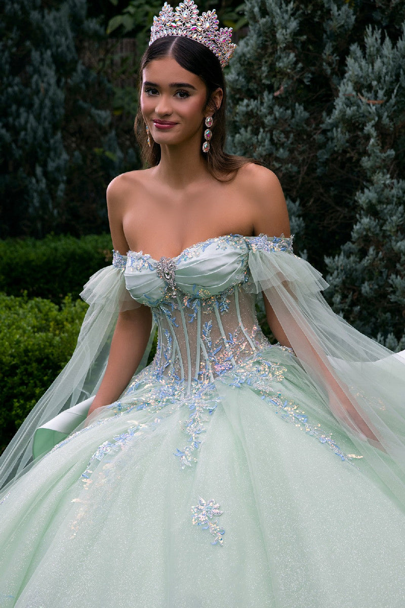 Off Shoulder Ball Gown QuinceaƱera Dress with Corset Bodice Glitter Tulle by Elizabeth K GL3550