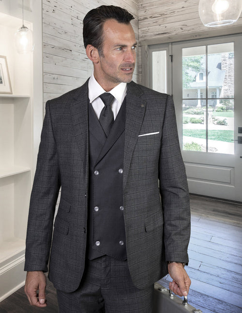 Grey plaid wool suit with 2-button jacket, notch lapel, and double-breasted vest. Classic check pattern in dark/light grey. Includes matching trousers; jacket with front pockets, fitted.
