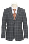 Mens Plaid Suit - Patterned Business Suit -Mens Designer Two Button Slim Fit Peak Lapel Wool Suit In Grey Windowpane Plaid Check
