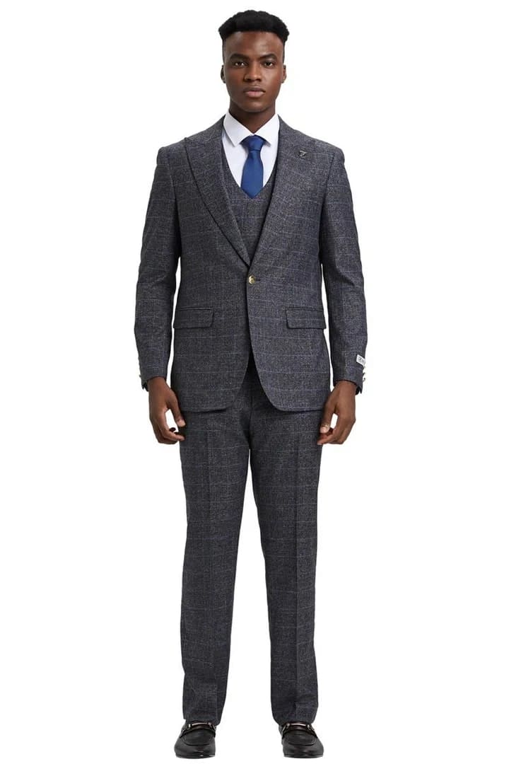 Plaid Suit - Windowpane Suit - Checkered Suit - Mens Vested Charcoal Grey Suit