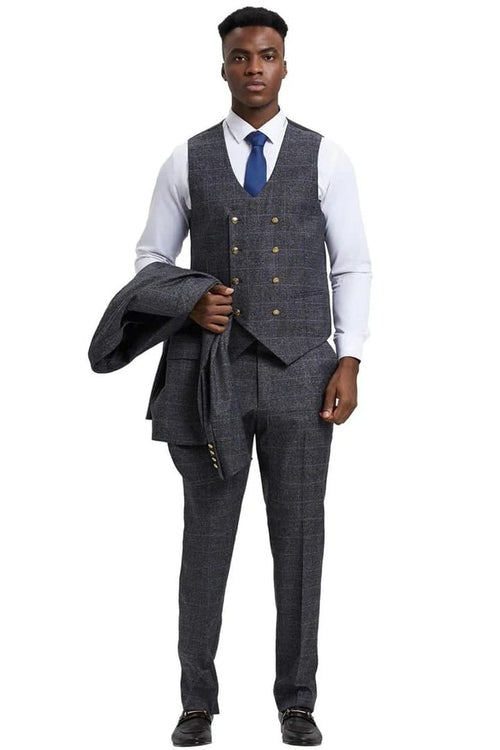 Plaid Suit - Windowpane Suit - Checkered Suit - Mens Vested Charcoal Grey Suit