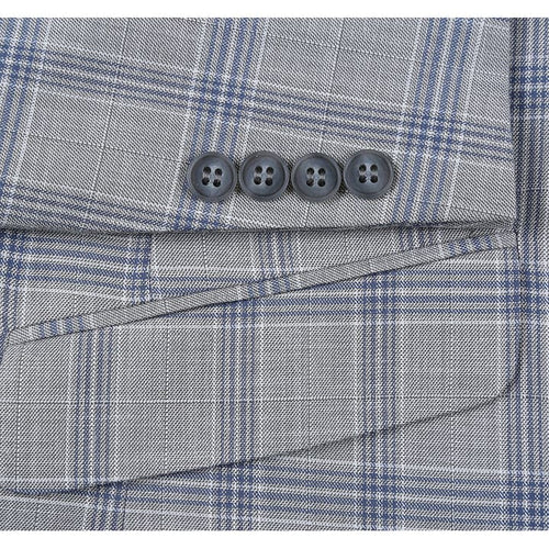 Mens Plaid Suit - Patterned Business Suit - Mens Two Button Slim Fit Two Piece Suit In Light Grey & Blue Windowpane Plaid