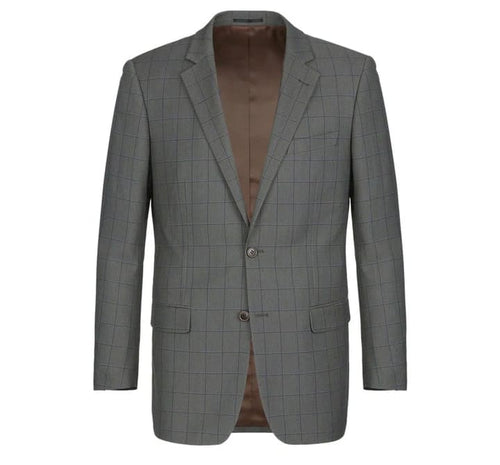 Mens Plaid Suit - Patterned Business Suit - Mens Two Button Classic Fit Two Piece Suit In Grey Windowpane Plaid