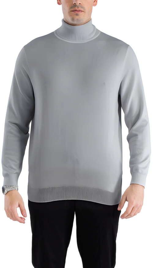 Men's grey turtleneck sweater with a fitted silhouette, long sleeves, and a ribbed high collar. Smooth, stretchy material, solid grey color. Ribbed hem and cuffs for structure.