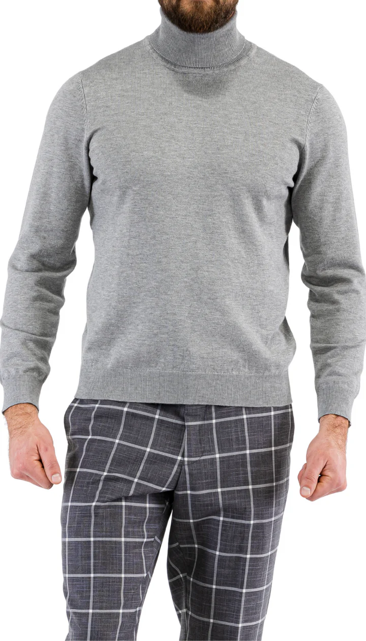 Alberto Nardoni men's grey turtleneck sweater. Fitted silhouette, ribbed details, and soft, stretchable material. Solid light grey, minimalist design.