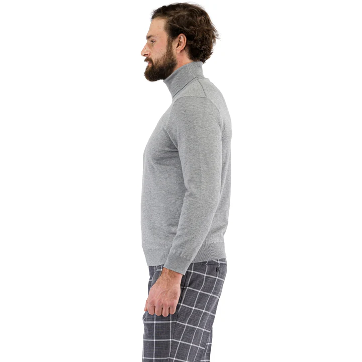 Men's light grey turtleneck sweater with fitted silhouette and long sleeves. Soft knit fabric, ribbed collar, hem, and cuffs. Uniform light grey color.