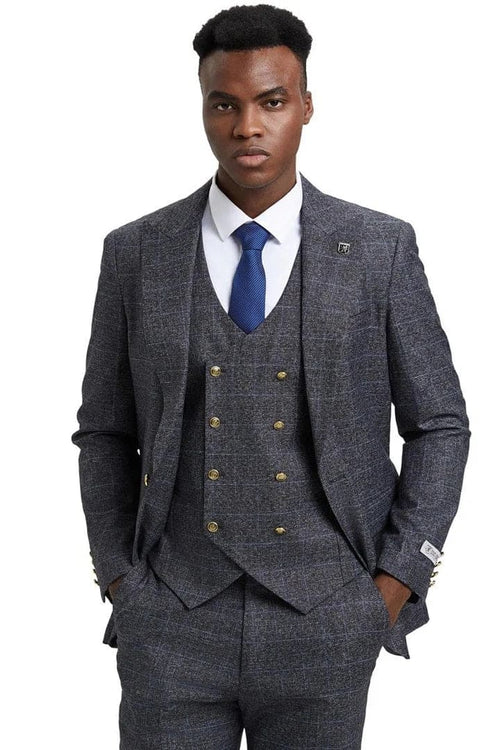 Plaid Suit - Windowpane Suit - Checkered Suit - Mens Vested Charcoal Grey Suit