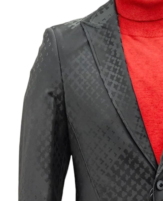 Alberto Nardoni men's suit in black with subtle geometric pattern. Tailored fit with structured shoulders, peak lapels, and one-button closure.