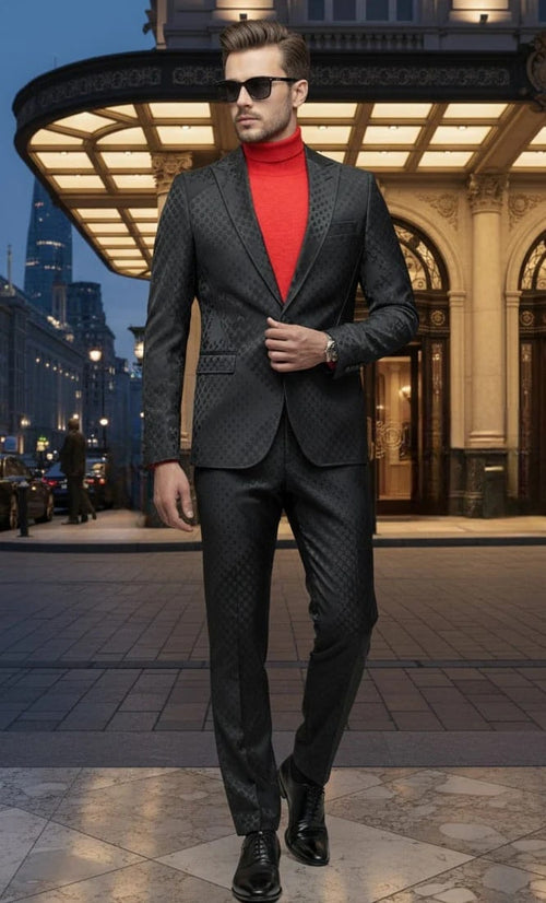 Black one-button suit with peak lapels, featuring a fitted silhouette and tonal geometric pattern. Includes matching tailored trousers for a streamlined, formal look.