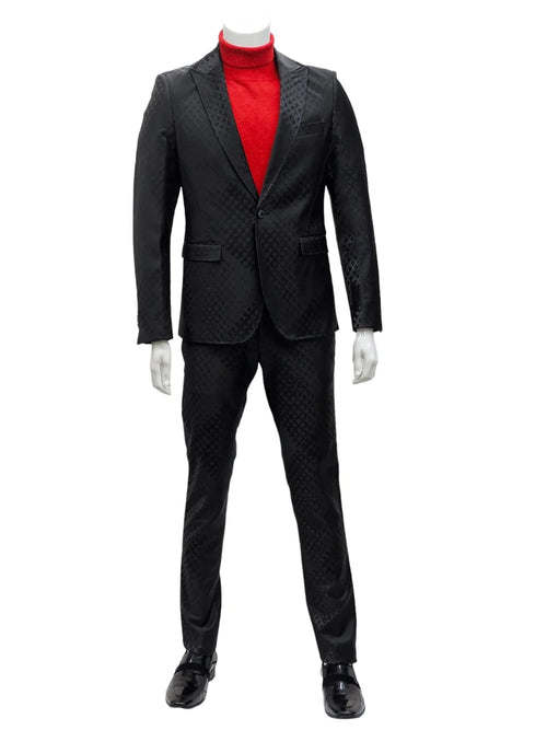 Black men's suit with a one-button peak lapel. Features a subtle textured pattern, tailored jacket, and fitted trousers for a sleek silhouette. Smooth fabric, possibly with a sheen. Formal design.
