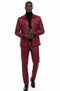 Burgundy faux leather slim-fit two-piece suit. Buttoned jacket with two front pockets. Matching slim-fit trousers. Modern and stylish design.