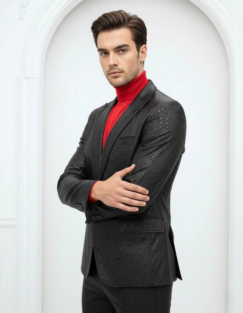 Black men's suit with peak lapels and subtle textured rain pattern. Fitted silhouette. Features: one-button closure, chest & front pockets.