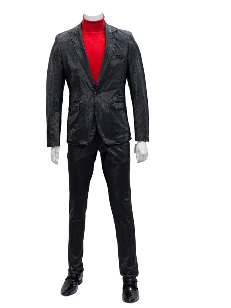 Men's black suit with textured pattern, peak lapels, and single breast pocket. Fitted shape with matching trousers. One-button closure.