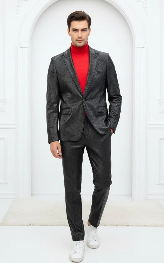Men's black one-button suit with peak lapels, fitted design, and subtle textured pattern. Includes blazer with side pockets and matching tailored trousers. Sleek, streamlined silhouette.