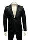 Men's black pinstripe suit. One-button closure, peak lapel, side vents, fitted shape. Classic tailored design.
