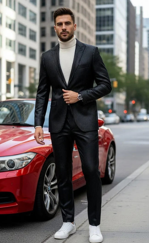 Black, one-button suit with peak lapels and pinstripes. Tailored and structured, it has a fitted blazer, matching trousers, and a modern silhouette. Worn with a turtleneck.