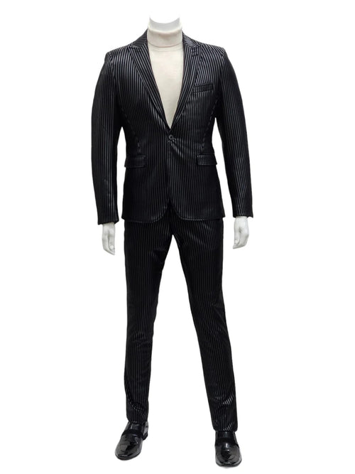 Black pinstripe men's suit with peak lapels and side vents. Structured fit, smooth fabric, single breast pocket, and matching trousers.