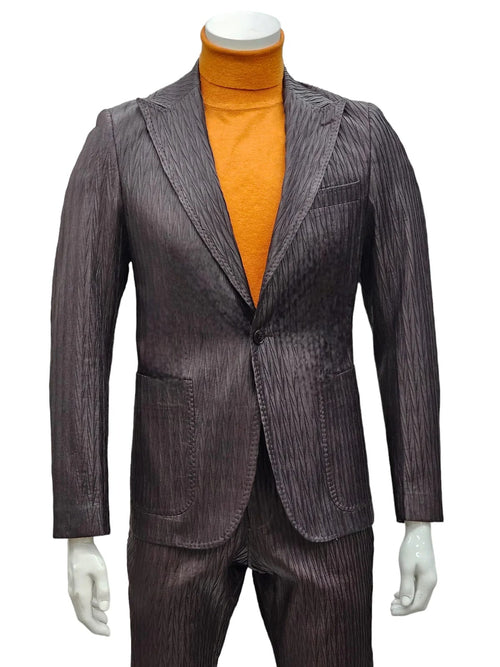 Men's brown slim-fit suit with peak lapels, one-button closure, and textured fabric (diagonal pattern). Includes two front pockets and a notch.