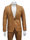 Men's tan vegan leather suit with peak lapel, single-button closure, and patterned texture. Features a sharp silhouette with two front pockets.