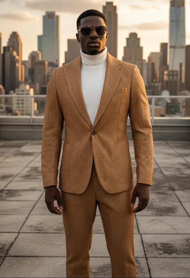 Tan vegan leather men's suit with vertical stripe texture. Features a peak lapel, one-button closure, and two side pockets. Includes matching fitted trousers.