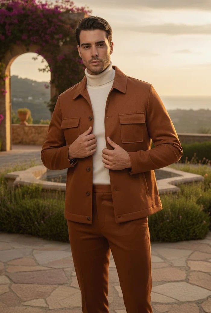 Men's brown faux leather slim fit suit. Includes a button-up jacket with pockets and matching tapered trousers. Casual and stylish two-piece set.