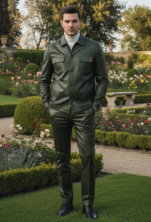 Men's olive faux leather slim fit suit. Collared jacket with pockets and button closure. Matching slim-fit pants. Smooth, matte finish for a cohesive casual look.
