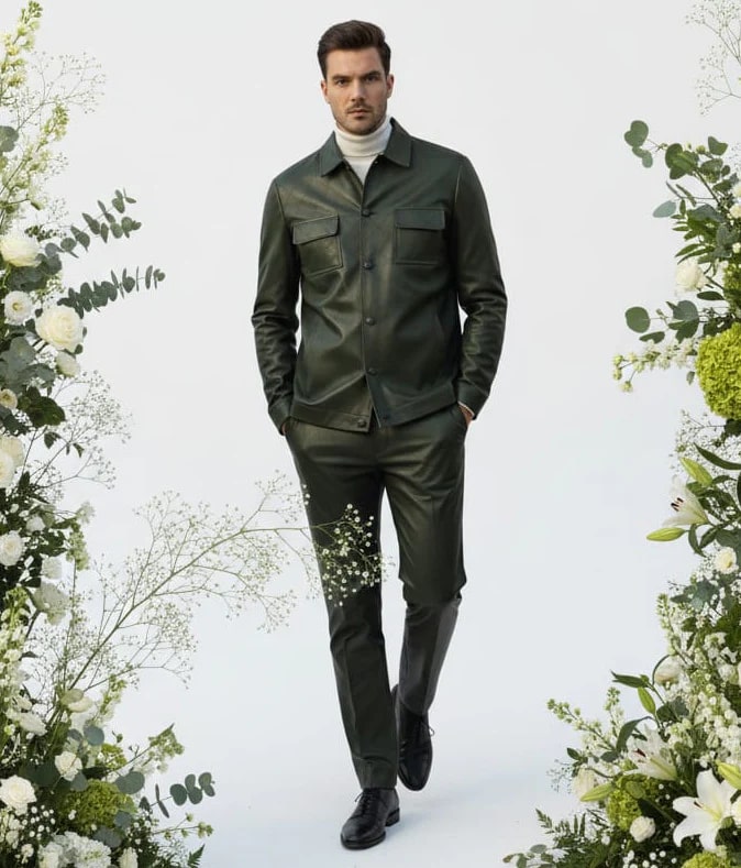 Men's slim fit faux leather suit in olive green. Includes a button-up jacket with collar & pockets, and matching slim-fit pants. Smooth faux leather material.