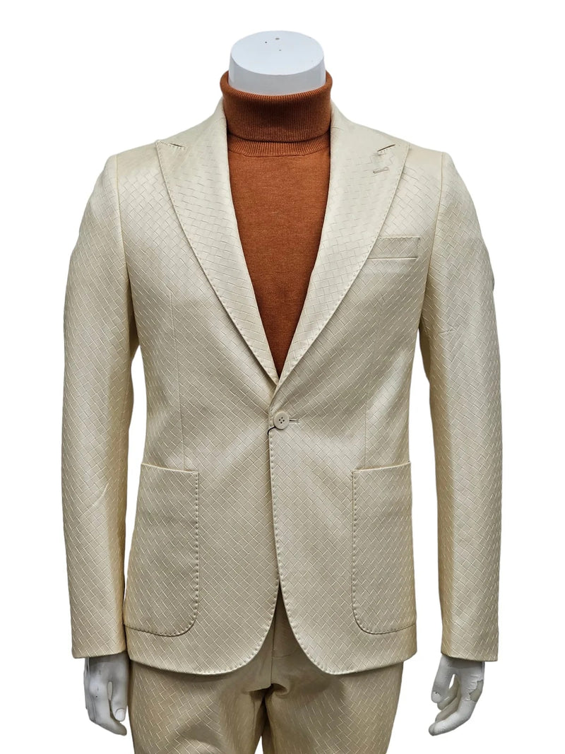 Men's slim fit suit with peak lapels, ivory basket weave fabric. Features one button closure and two front pockets.
